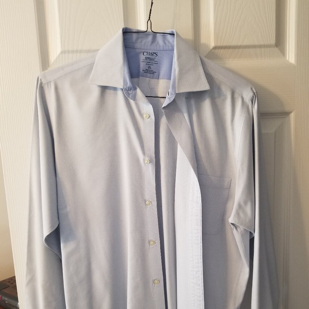 Men's blue and white checkered long-sleeve collared shirt